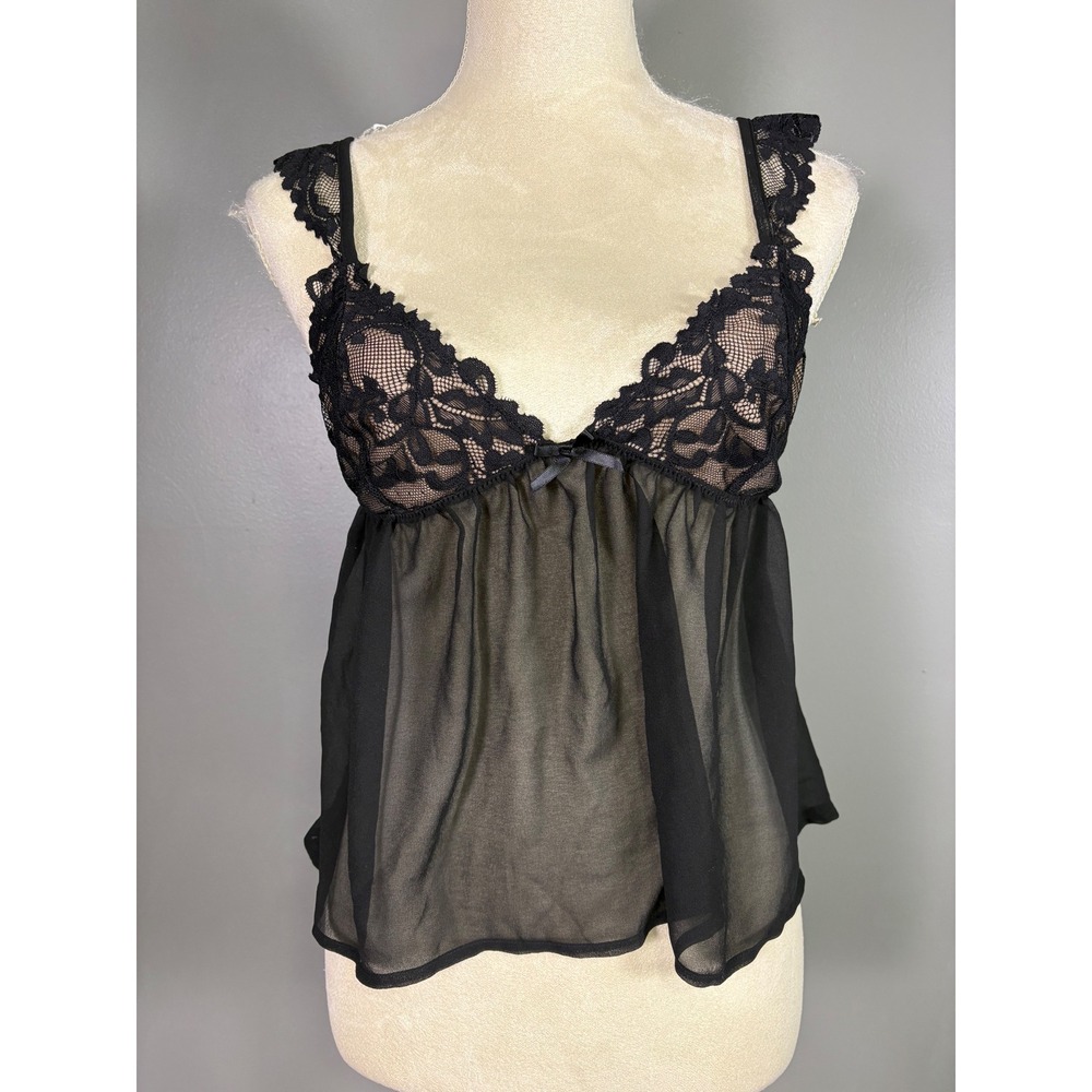 NWT White Fox Keep Me Up Pyjama Top M Black Lace‎ Sheer Lingerie Babydoll Cami